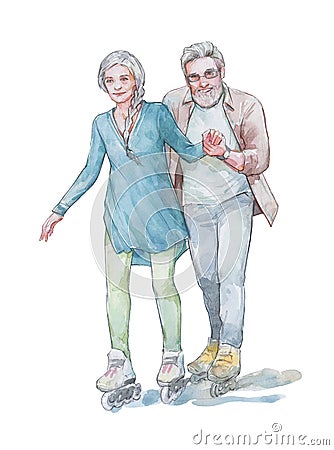 Active retired couple on skate rollers Stock Photo
