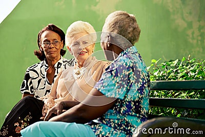 Group of elderly black and caucasian women talking in park Stock Photo