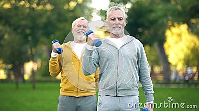 Active retired friends lifting dumbbells, fitness training park, healthy aging Stock Photo