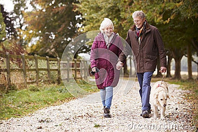 Active Senior Couple On Autumn Walk With Dog On Path Through Countryside Stock Photo