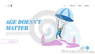 Active Senior Man Extreme Sports Activity and Recreation Website Landing Page. Pensioner Jumping with Parachute Vector Illustration