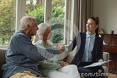 Active senior man shaking hands with real estate agent in living room Stock Photo