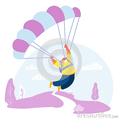 Active Senior Man Skydiver Sports Activity Hobby Pensioner Floating in Sky with Chute. Happy Aged White Haired Character Vector Illustration