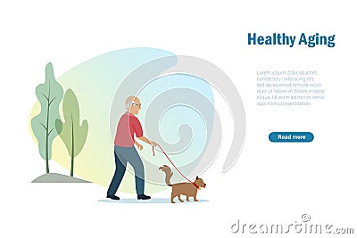 Active senior man walking with dog at park outdoor. Healthy aging, elderly care and wellness concept Stock Photo