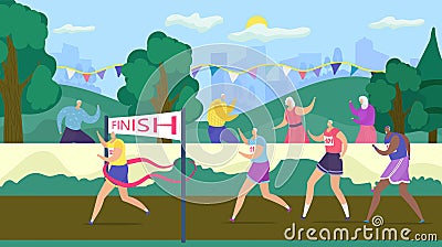 Active senior old people have fun compete, vector illustration. Happy retirees jogging outdoors in summer. Active Vector Illustration