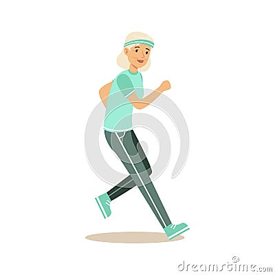 Active senior runner woman doing exercise to stay healthy, healthy active lifestyle colorful characters vector Vector Illustration