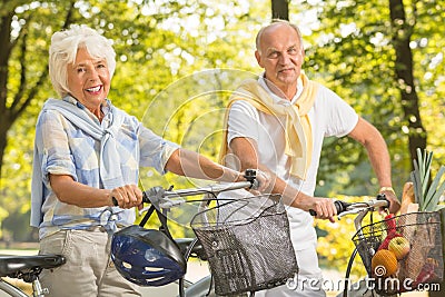 Active seniors cycling in park Stock Photo