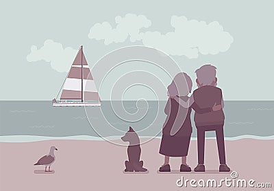 Active seniors, elderly people standing on beach in hug, rear Vector Illustration