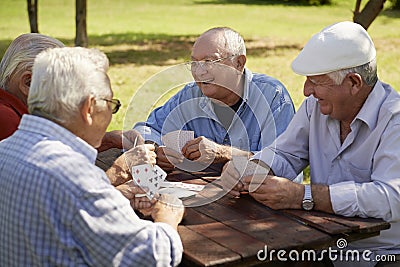 Active seniors, group of old friends playing cards at park Stock Photo