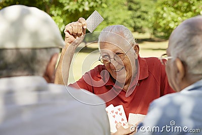 Active seniors, group of old friends playing cards at park Stock Photo