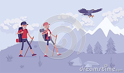 Active seniors, happy healthy elderly people nordic walking, mountains Vector Illustration