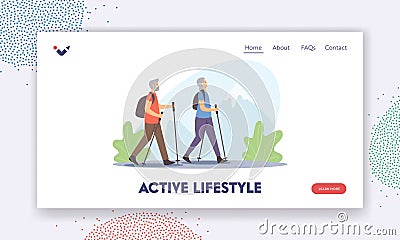 Active Seniors Healthy Lifestyle Landing Page Template. Elderly People Nordic Walk with Sticks. Aged Couple Hiking Vector Illustration