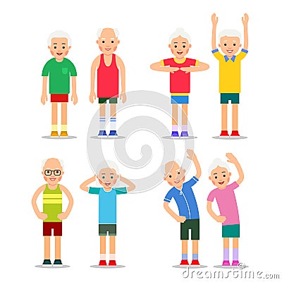 Active seniors. Old men and women in different gym poses. Happy Vector Illustration