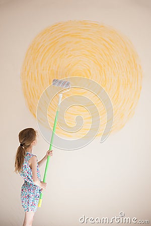 Active small kid escaping from huge water wave in city during storm weather Stock Photo