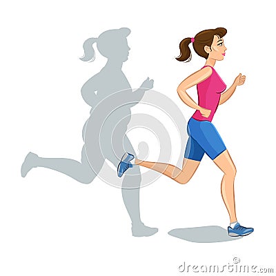 Active sporty young jogging woman, loss weight cardio training. Vector Illustration