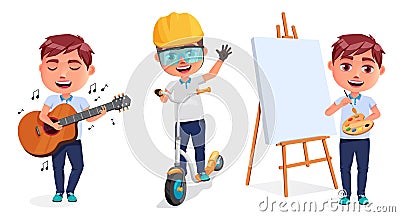 Active student vector character set design. Boy characters singing, riding scooter and painting in isolated white background. Vector Illustration