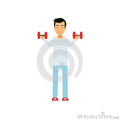 Active teen boy exercising with dumbells, active lifestyle vector Illustration Vector Illustration