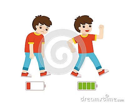 Energetic and tired or exhausted boy and life energy flat cartoon colorful vector illustration. Vector Illustration
