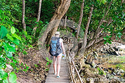 Active tourist in a hike on a wooden trail Stock Photo