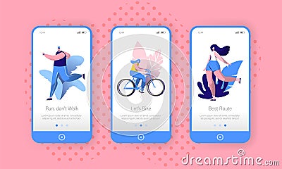 Active Urban Lifestyle Mobile App Onboard Screen Set. Man Runner Character, Woman Ride Bicycle, Girl Rink. City Outdoor Vector Illustration