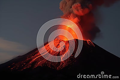 Active volcano erupting with smoke and lava in evening, created using generative ai technology Stock Photo