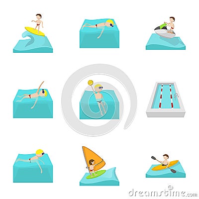 Active water sport icons set, cartoon style Vector Illustration