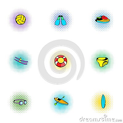 Active water sport icons set, pop-art style Vector Illustration