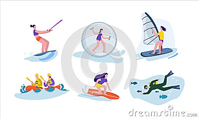 Active water sport set. Character rides on water board engages in extreme windsurfing diving fun. Vector Illustration