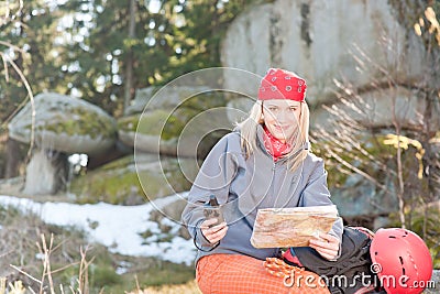 Active woman backpack search navigation map Stock Photo