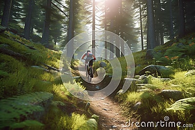 Active woman on bike exploring mountain forest paths, AI Generative Stock Photo