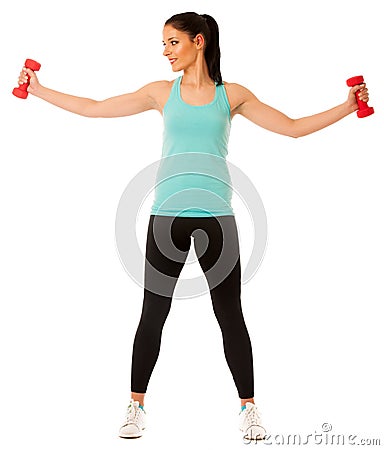 Active woman with dumbbells workout in fitness gym isolated over Stock Photo