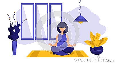 Young pregnant girl in the lotus position meditates in a room in a cozy home. Beautiful eco plants in pots, decor paintings in the Cartoon Illustration