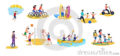 Active Women and Men Having Rest Flat Cartoon Set Vector Illustration