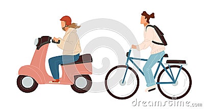 Active Women on Scooter and Bicycle Vector Illustration
