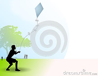 Active Young Boy Flying Kite Cartoon Illustration