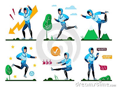 Active and Healthy Man Flat Vector Characters Set Vector Illustration