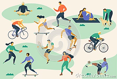 Active young people Healthy lifestyle. Roller skates, running, bicycle, run, walk, yoga. Design element colorful. Vector illustrat Vector Illustration