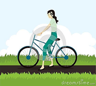 Active young woman riding on bicycle Vector Illustration