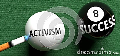 Activism brings success - pictured as word Activism on a pool ball, to symbolize that Activism can initiate success, 3d Cartoon Illustration