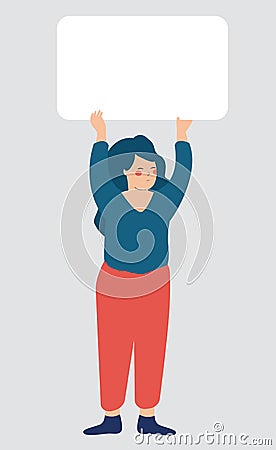 Activist or Feminist woman holds a blank placard above her head to protest. Vector Illustration