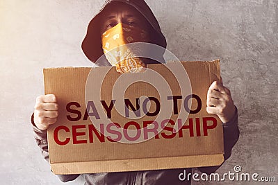 Activist holding Say No To Censorship protest sign Stock Photo