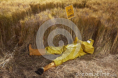 Activist protesting against genetically modified cereals dead near field Stock Photo