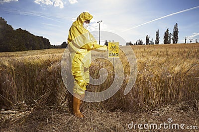 Activist protesting against genetically modified cereals near field Stock Photo