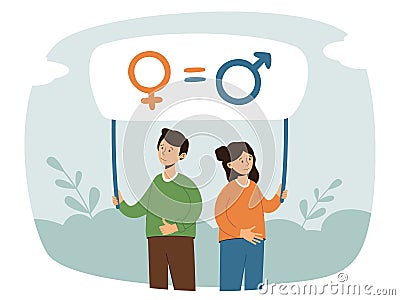 Activist standing for gender equality. Girl and guy holding banner with male and woman symbol. Feminism, empowerment Vector Illustration