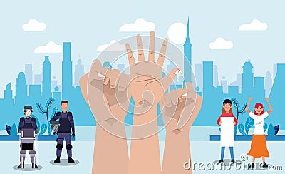 Activists people protesting with riot police and hands Vector Illustration