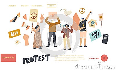 Activists Protest for Love and Peace on Riot or Picket Landing Page Template. Protesting People with Placards on Strike Vector Illustration