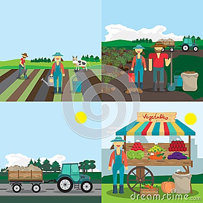 Activities farm family. The process of planting Vector Illustration