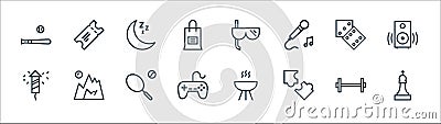 Activities line icons. linear set. quality vector line set such as chess game, puzzle, gaming console, fireworks, dice, sleeping, Vector Illustration