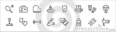 Activities line icons. linear set. quality vector line set such as diving mask, shopping bag, karaoke, videogames, flipper, piano Vector Illustration