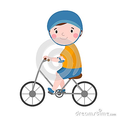 Activity boy on bike young fun sport happy child active lifestyle cartoon recreation and little kid cyclist healthy Vector Illustration